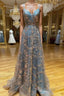 Unique v neck tulle sequin long Formal Prom dress, sequin long evening dress
