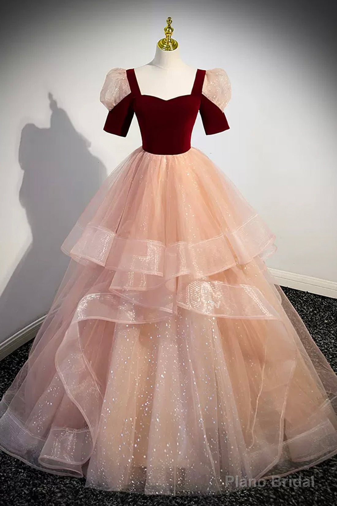 Unique Velvet Long A-Line Prom Dress with Ruffles, Cute Evening Party Dress