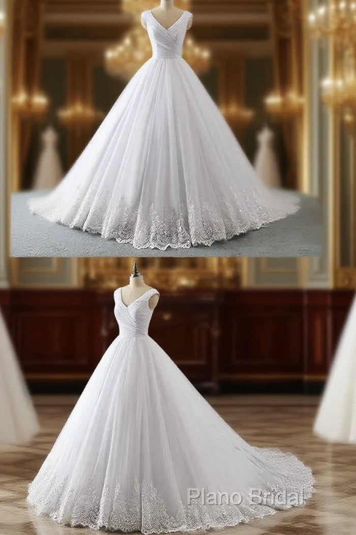 Unique White Lace V Neck Puffy Sweep Train Wedding Dresses, Lace Formal Prom Dresses Main image