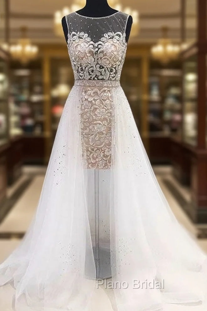 Unique White Round Neck Tulle Short Formal Prom Dresses, White Evening Dresses Main image