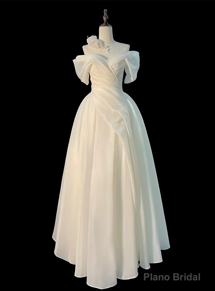 Unique White Satin Off the Shoulder Pleats Wedding Dress Main image