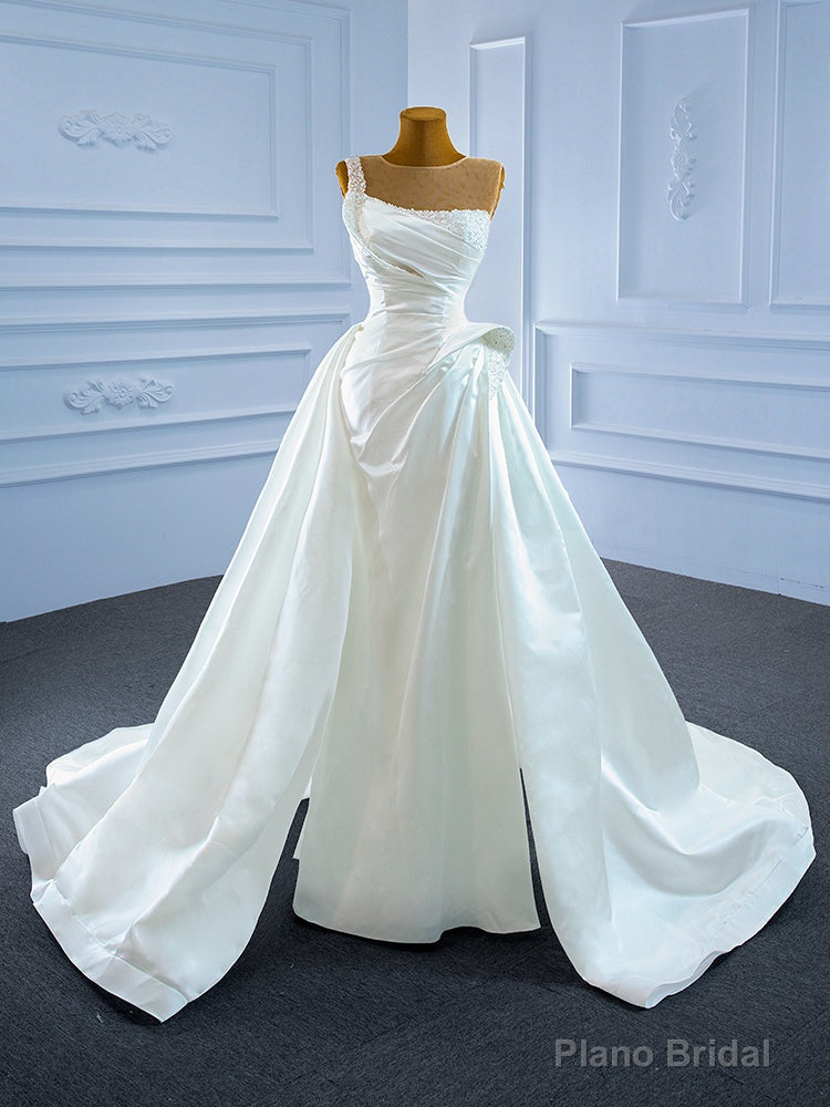 Unique White Satin Pleats Pearls Wedding Dress