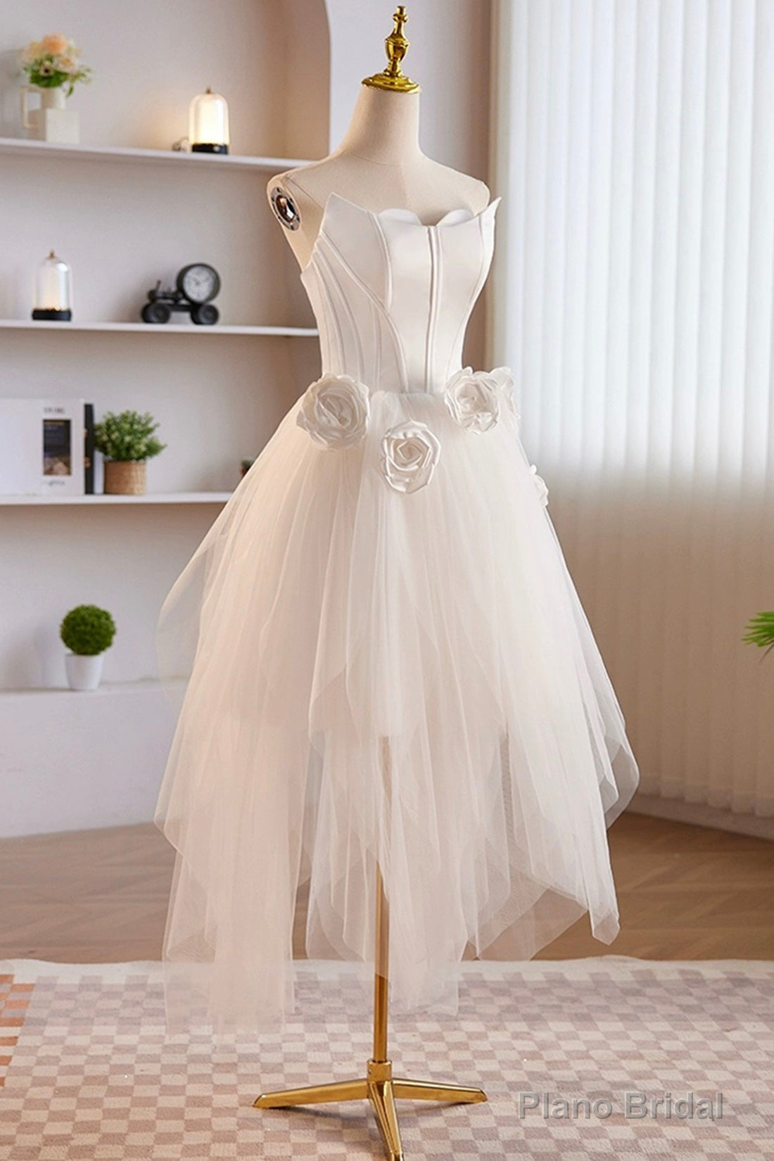Unique White Strapless Irregular Tulle Short Prom Dress, White Party Dress Main image