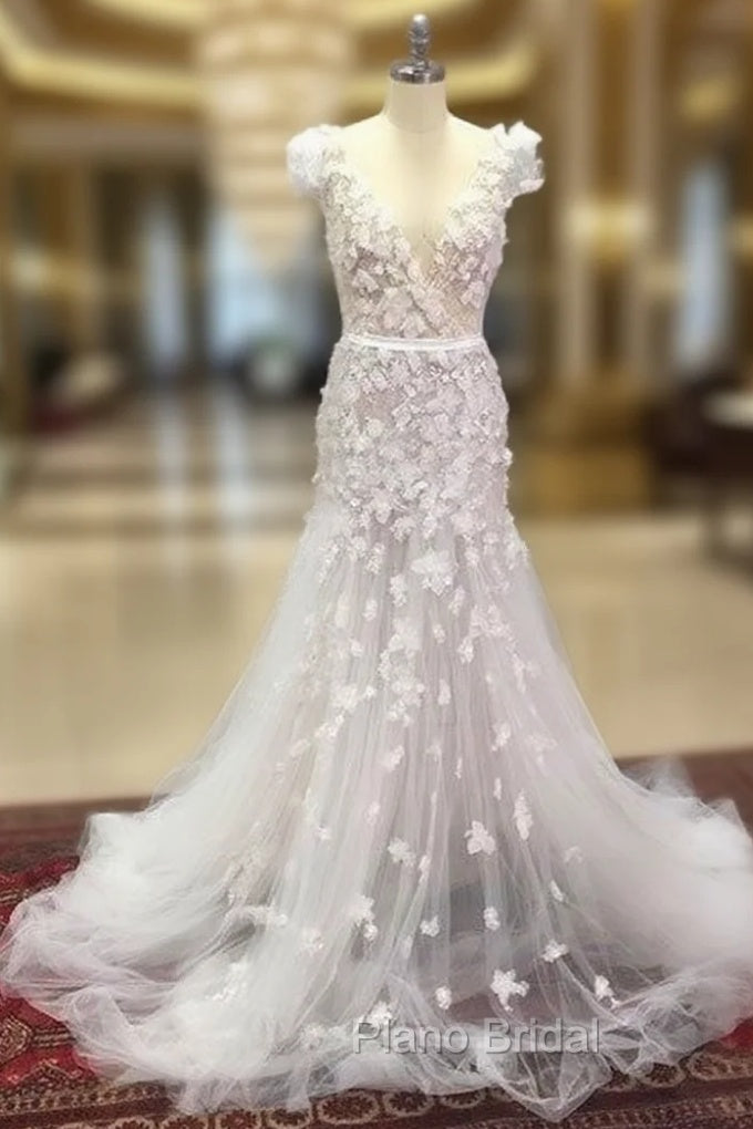 Unique White V Neck Tulle Long Formal Prom Dresses, Tulle Wedding Dresses