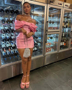 Trendy Pink Off The Shoulder Short Formal Prom Dresses,Homecoming Dresses