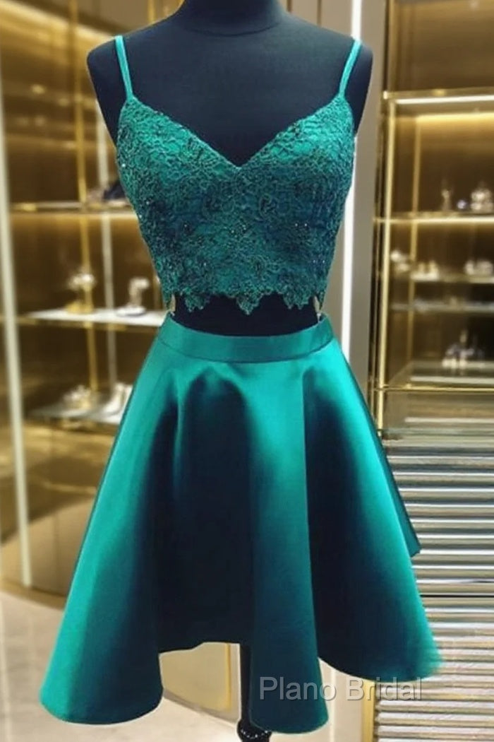 V Neck 2 Pieces Short Green Lace Formal Prom Dresses, Two Pieces Short Green Formal Homecoming Dresses Main image