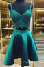 V Neck 2 Pieces Short Green Lace Formal Prom Dresses, Two Pieces Short Green Formal Homecoming Dresses
