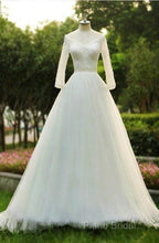 V-Neck A-Line Floor Length Tulle Wedding Dresses With Beading Long Sleeves