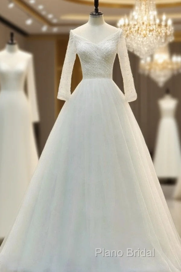 V-Neck A-Line Floor Length Tulle Wedding Dresses With Beading Long Sleeves Main image