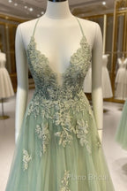 V Neck A Line Green Tulle Long Formal Prom Dresses With Applique