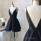 V Neck and V Back Black Satin Short Formal Prom Homecoming Dress, V Neck Black Formal Graduation Evening Dress, Black Cocktail Dress