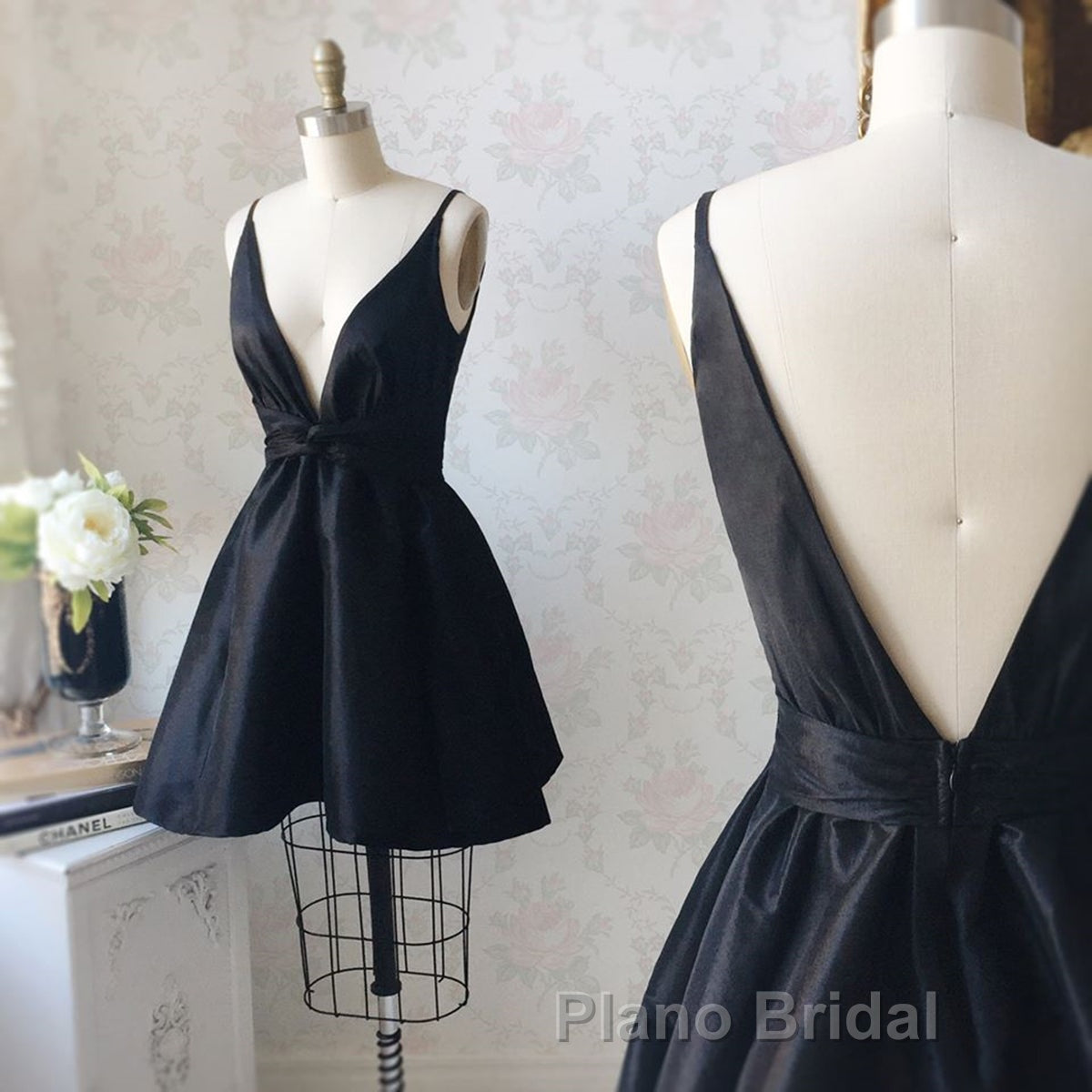 V Neck and V Back Black Satin Short Formal Prom Homecoming Dress, V Neck Black Formal Graduation Evening Dress, Black Cocktail Dress