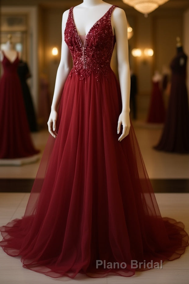 V Neck and V Back Burgundy Lace Long Formal Prom Dresses, Open Back Burgundy Formal Dresses, Burgundy Lace Evening Dresses Main image