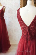 V Neck and V Back Burgundy Lace Long Formal Prom Dresses, Open Back Burgundy Formal Dresses, Burgundy Lace Evening Dresses