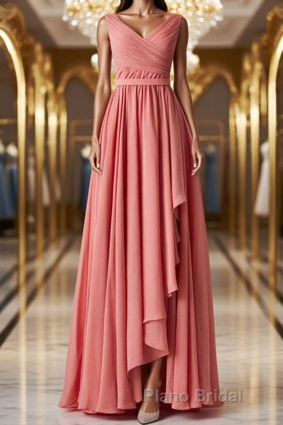 V Neck and V Back High Low Coral Chiffon Long Formal Prom Dresses, Long Coral Formal Evening Bridesmaid Dresses with Slit Main image