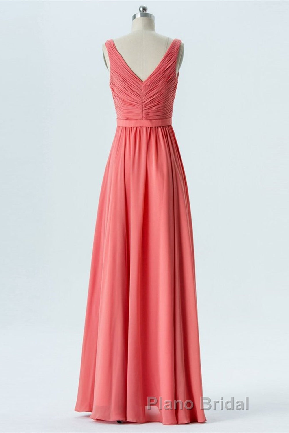 V Neck and V Back High Low Coral Chiffon Long Formal Prom Dresses, Long Coral Formal Evening Bridesmaid Dresses with Slit Secondary image