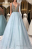 V Neck And V Back Sequin Tulle Long Blue Formal Prom Dresses, Blue Evening Dresses