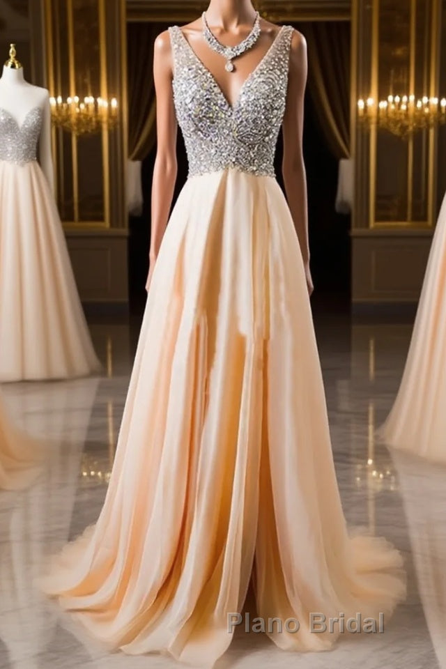 V Neck And V Back Sequins Chiffon Formal Prom Dresses, Long Formal Dresses, Evening Dresses Main image