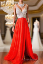V Neck And V Back Sequins Chiffon Red Formal Prom Dresses, Long Red Formal Dresses, Evening Dresses