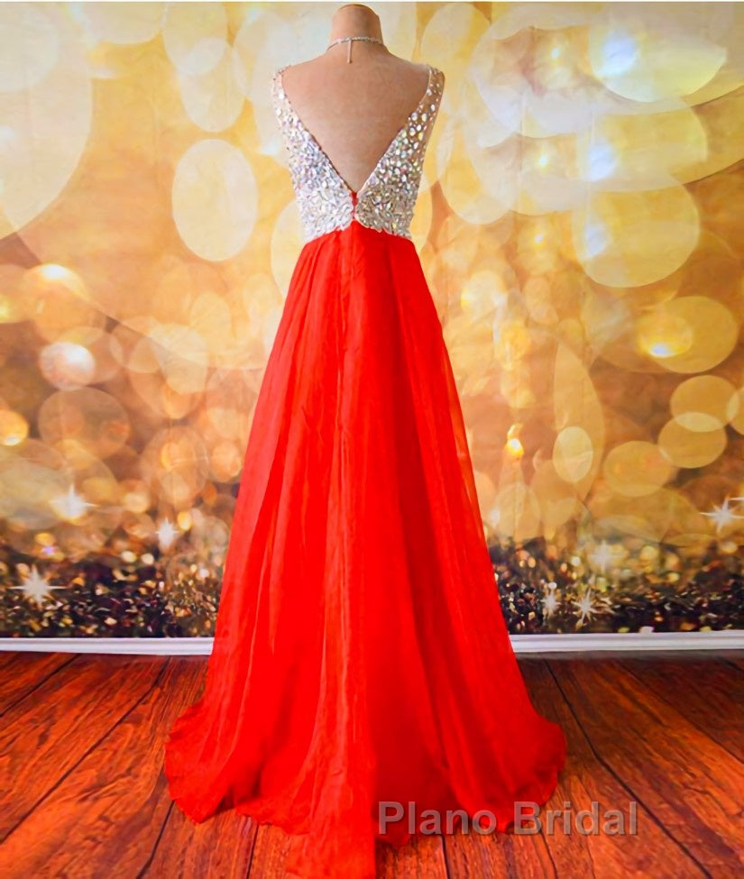 V Neck And V Back Sequins Chiffon Red Formal Prom Dresses, Long Red Formal Dresses, Evening Dresses