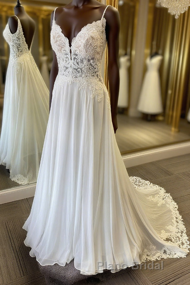 V Neck and V Back White Lace Long Formal Prom Dress, White Lace Wedding Dress, Long White Formal Evening Dress Main image