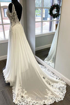 V Neck and V Back White Lace Long Formal Prom Dress, White Lace Wedding Dress, Long White Formal Evening Dress
