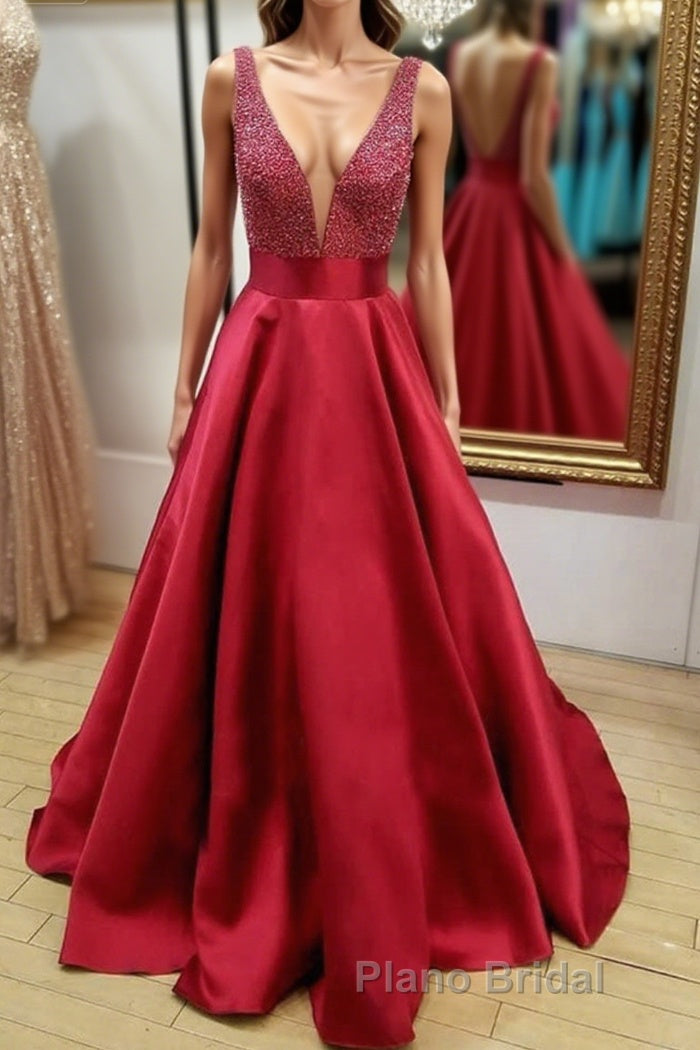 V Neck and V Neck Sequins Burgundy Long Formal Prom Dress, V Neck Burgundy Formal Graduation Evening Dress