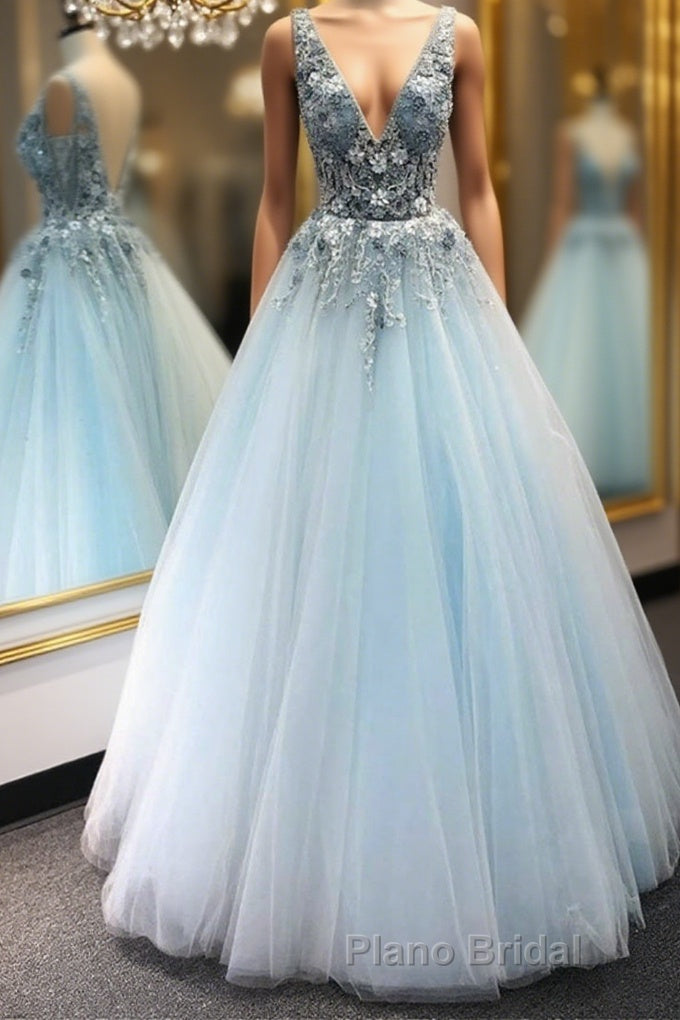 V Neck Appliques Blue Lace Long Formal Prom Dress, Floral Blue Lace Formal Dress, Lace Blue Evening Dress, Ball Gown