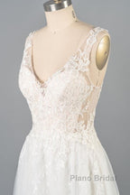 V-neck Appliques Tulle A-line Wedding Dress