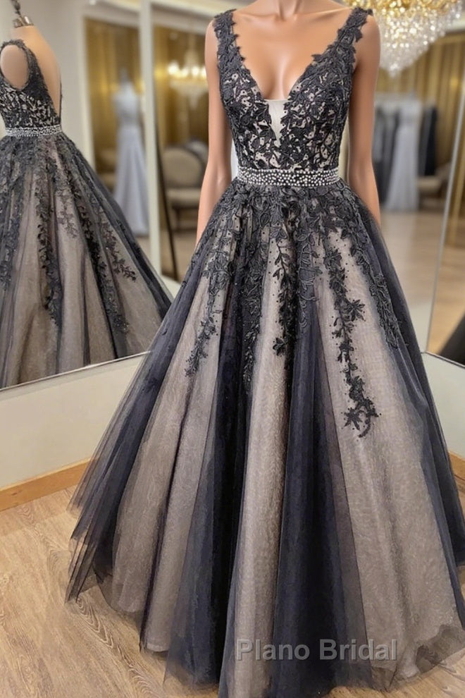 V Neck Backless Black Lace Long Formal Prom Dress, Black Lace Formal Dress, Black Evening Dress