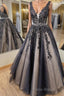 V Neck Backless Black Lace Long Formal Prom Dress, Black Lace Formal Dress, Black Evening Dress