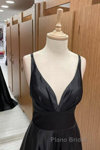 V Neck Backless Black Satin Long Formal Prom Dresses, Backless Black Formal Dresses, Black Evening Dresses