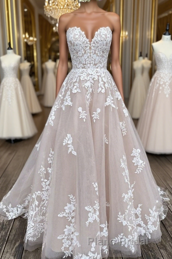 V Neck Backless Champagne Lace Appliques Long Formal Prom Dress, Champagne Lace Formal Evening Dress Main image