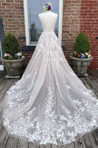 V Neck Backless Champagne Lace Appliques Long Formal Prom Dress, Champagne Lace Formal Evening Dress