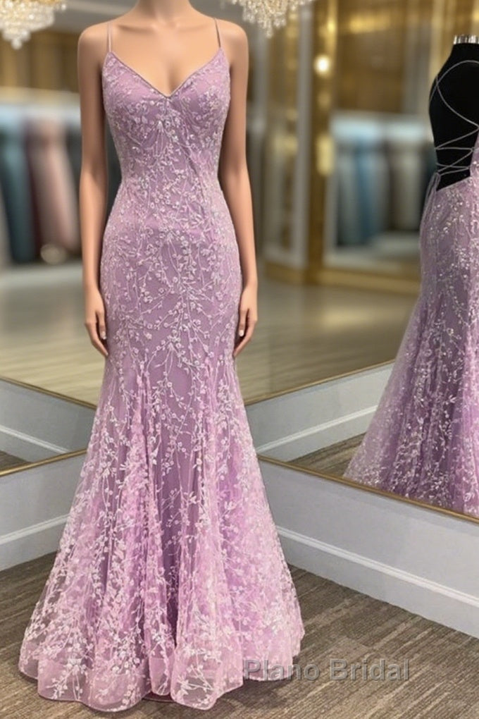 V Neck Backless Mermaid Purple Lace Long Formal Prom Dress, Mermaid Purple Formal Dress, Purple Lace Evening Dress