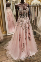 V Neck Backless Pink Lace Long Formal Prom Dress, Long Pink Lace Formal Evening Dress