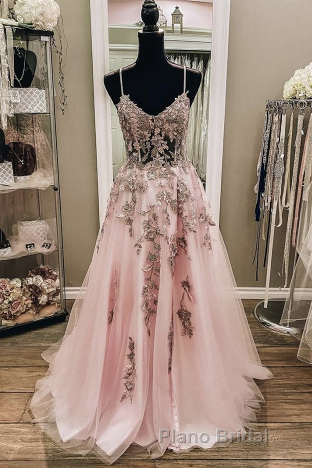 V Neck Backless Pink Lace Long Formal Prom Dress, Long Pink Lace Formal Evening Dress
