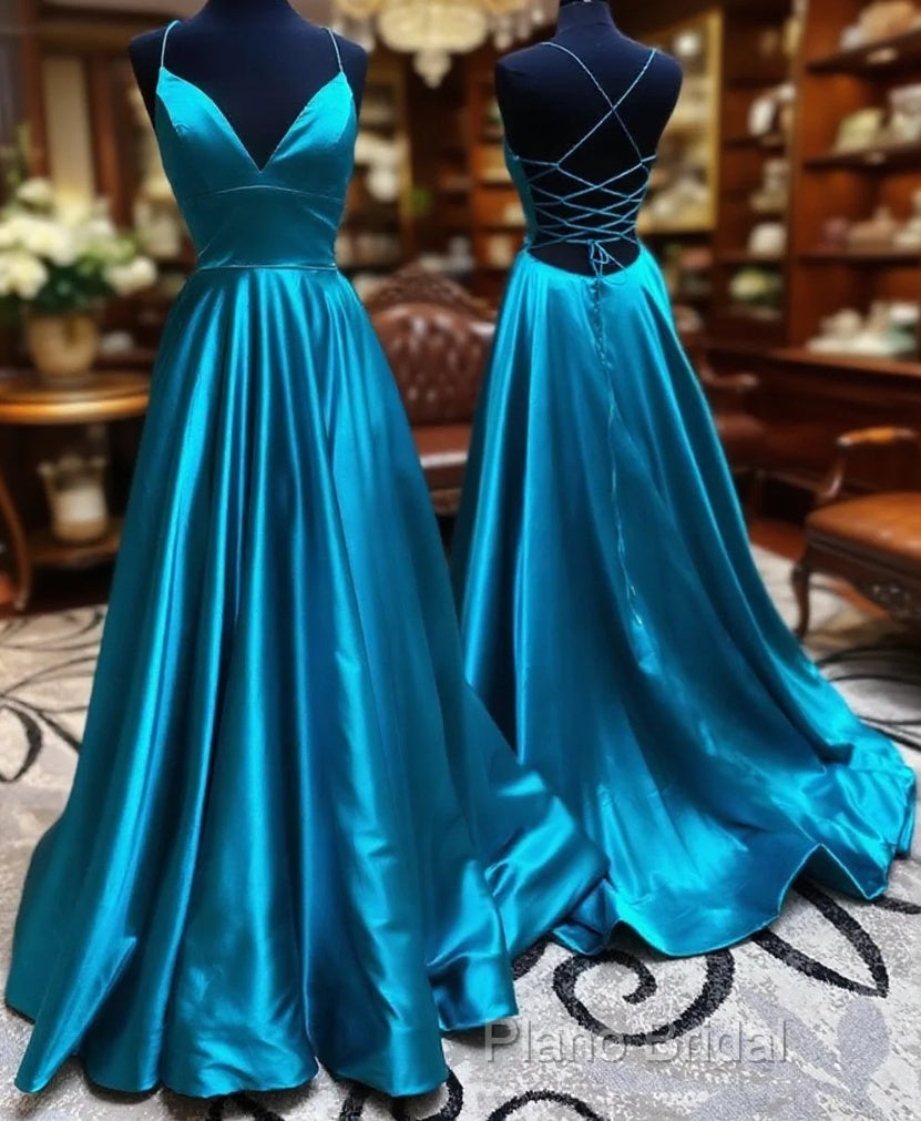 V Neck Backless Teal Long Formal Prom Dresses, V Neck Open Back Blue Formal Dresses Main image