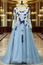 V-Neck Ball Gown Sweep Train Tulle Formal Prom Dresses With Appliqued