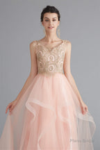 V-Neck Beaded Applique Asymmetrical Sleeveless Tulle Prom Dresses