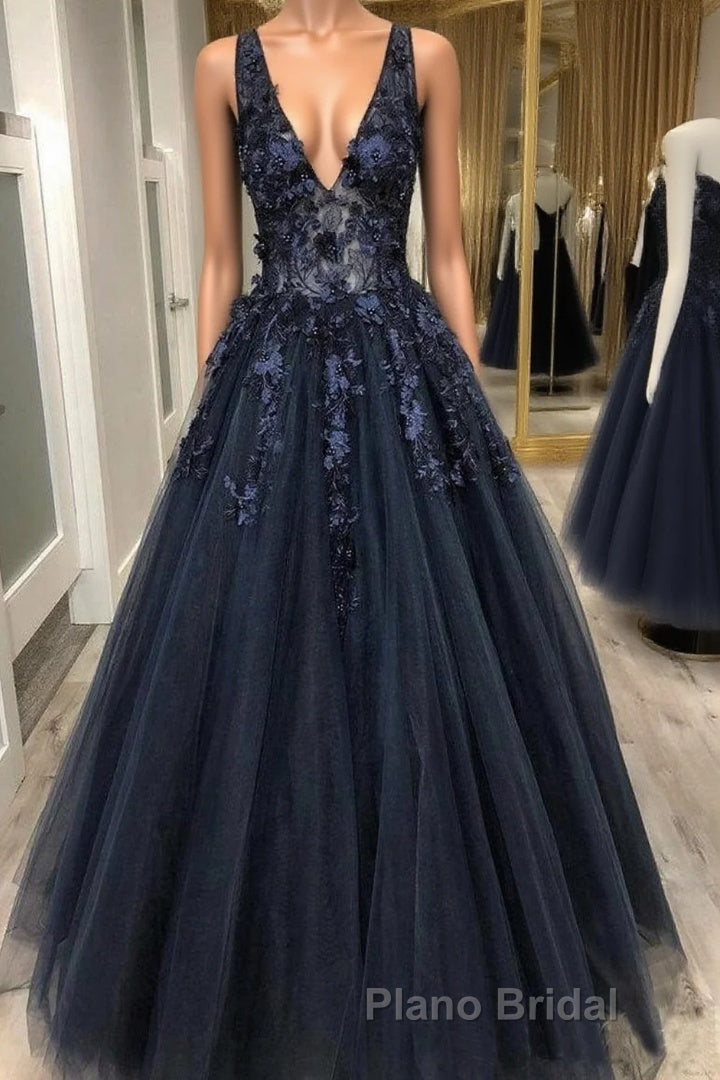 V Neck Beaded Black Lace Appliques Long Formal Prom Dress, Black Lace Formal Graduation Evening Dress