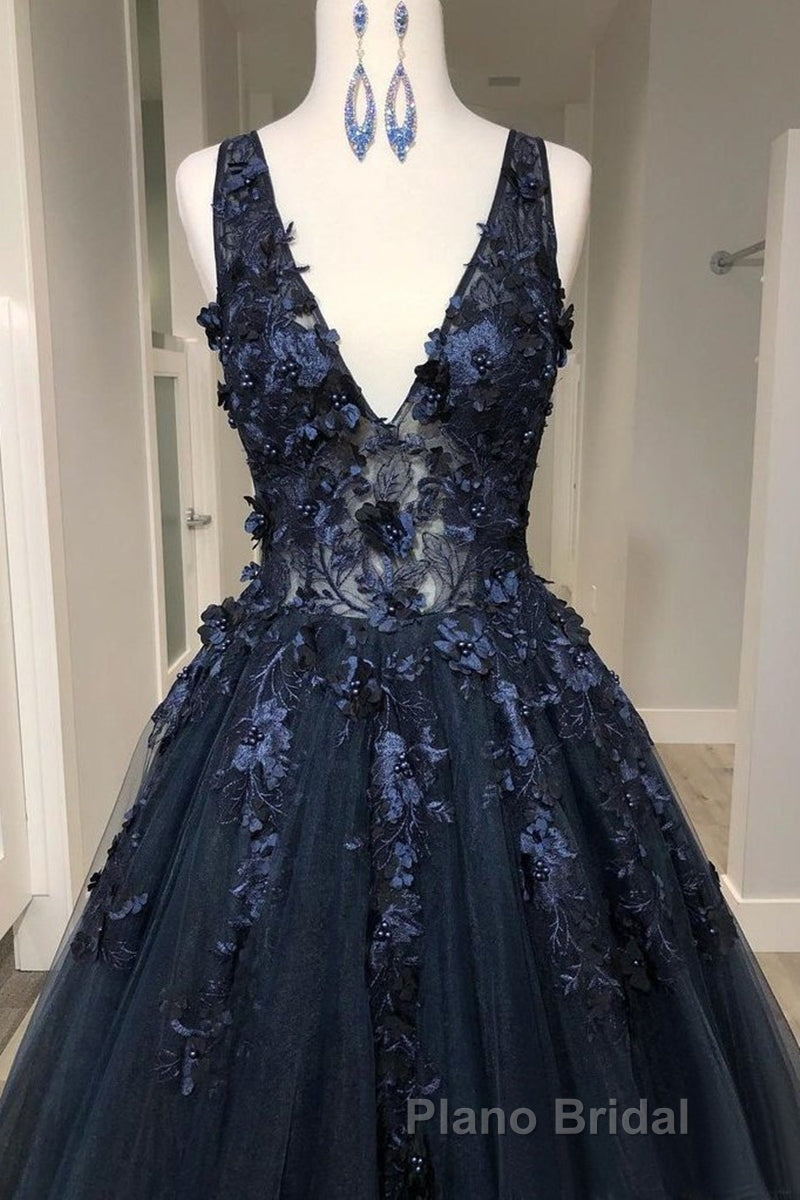V Neck Beaded Black Lace Appliques Long Formal Prom Dress, Black Lace Formal Graduation Evening Dress Secondary image