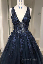 V Neck Beaded Black Lace Appliques Long Formal Prom Dress, Black Lace Formal Graduation Evening Dress