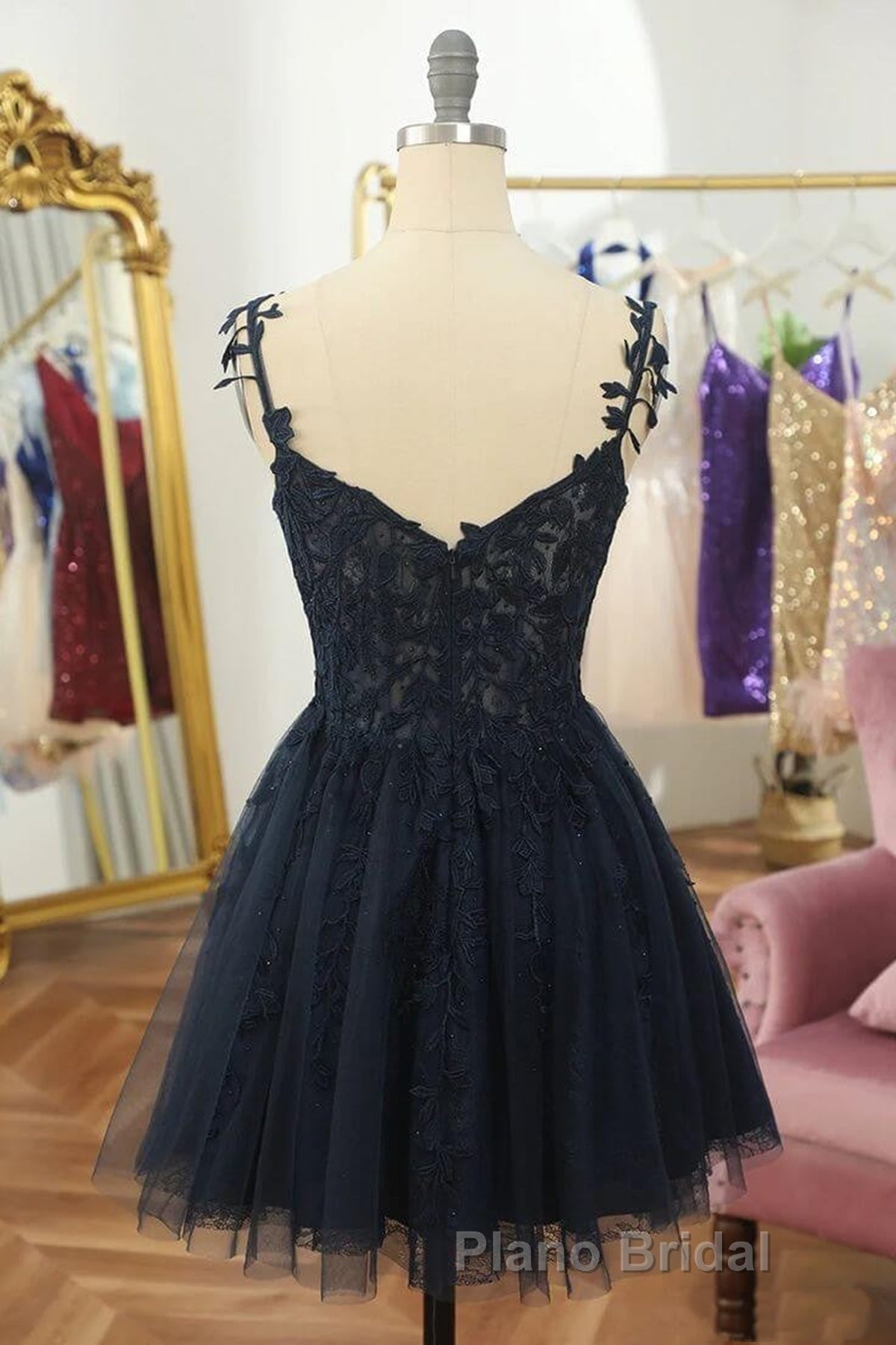 V Neck Beaded Navy Blue Lace Formal Prom Dress, Navy Blue Lace Homecoming Dress, Short Navy Blue Formal Graduation Evening Dress Secondary image