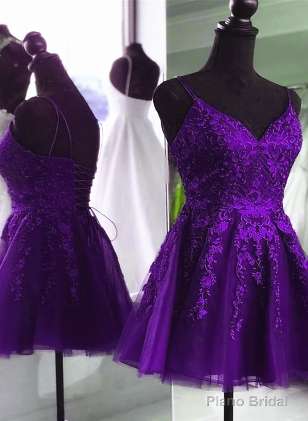 V Neck Beaded Purple Lace Prom Dress, Purple Lace Homecoming Dress Short Party Dress Main image