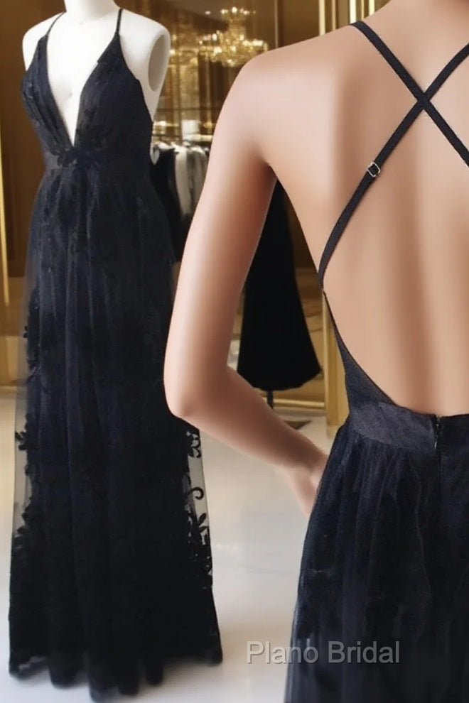 V Neck Black Backless Lace Formal Prom Dresses, Open Back Black Lace Formal Bridesmaid Dresses Main image