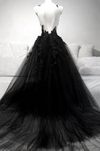 V Neck Black Lace Prom Dresses,Vintage Long Formal Graduation Dress