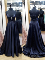 V Neck Black Satin Long Formal Prom Dresses, Black V Neck Long Satin Formal Evening Dresses