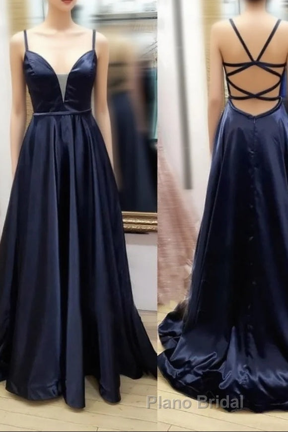 V Neck Black Satin Long Formal Prom Dresses, Black V Neck Long Satin Formal Evening Dresses Main image