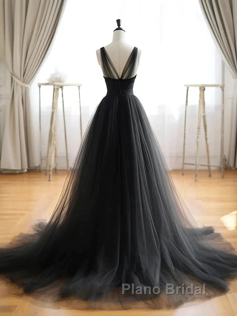 V Neck Black Tulle A Line  Formal Prom Dresses Secondary image
